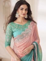 Pink And Aqua Shaded Chiffon Saree